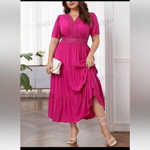 SHEIN VCAY Plus Guipure Lace Insert Layered Hem Dress